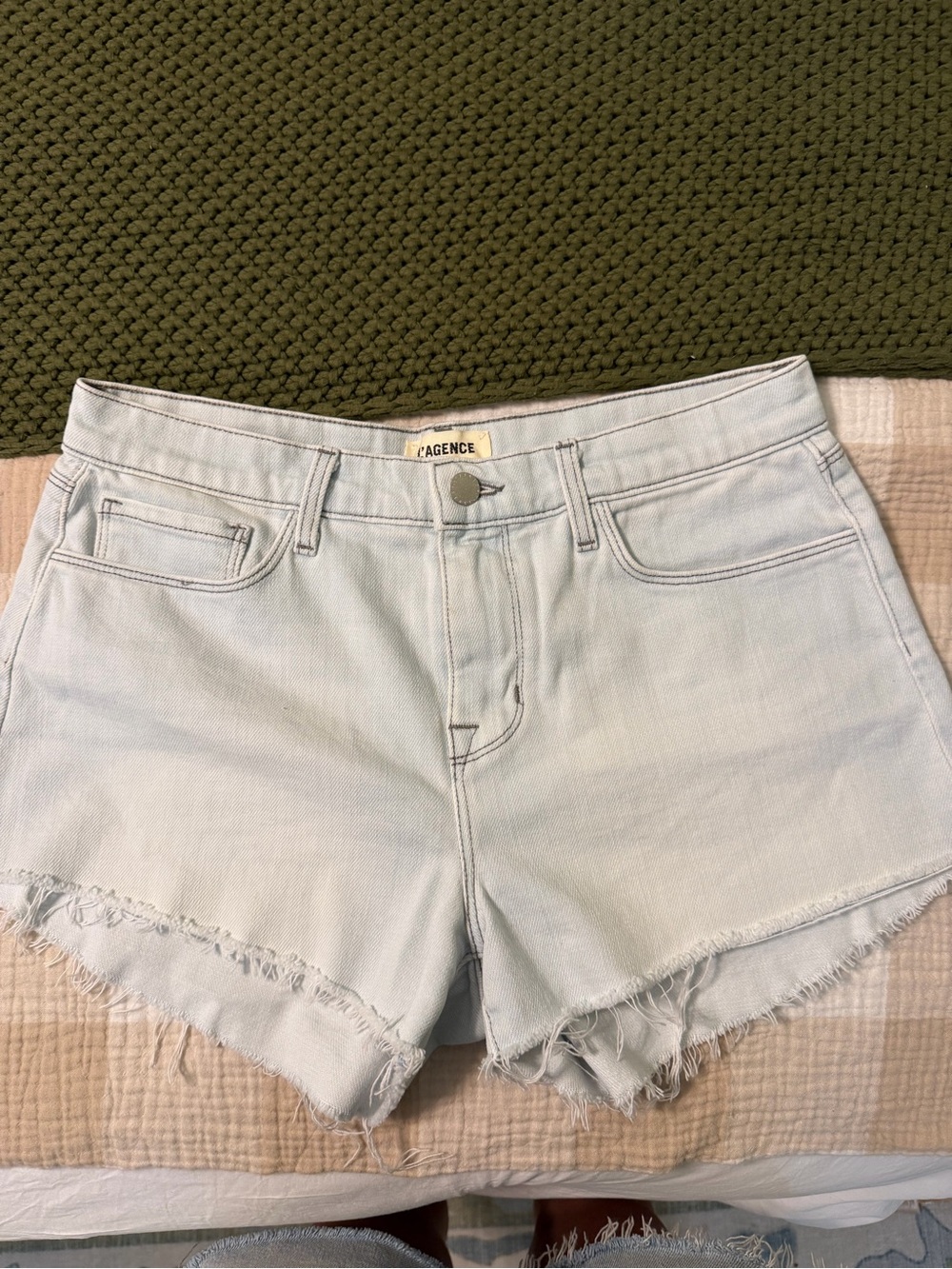 L'AGENCE Pale Blue Frayed-Hem Denim Shorts - Picture 1 of 1